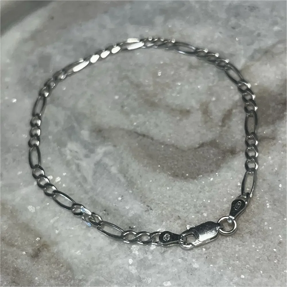 925 Sterling Silver Figaro Chain Bracelet 7 in Lobster Clasp Signed